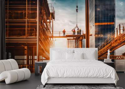 City Architecture at Sunset: Construction Industry in Full Swing Wall mural