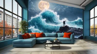 Man looking up at a bright moon in a stormy sky. Wall mural