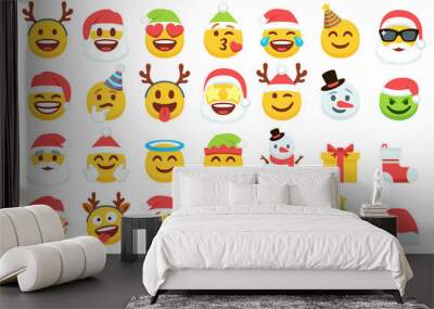 Christmas emoji. Santa Claus emoticon in xmas hat, snowman and funny yellow faces with deer antler headband. Gift box, christmas tree and candy vector icons set Wall mural