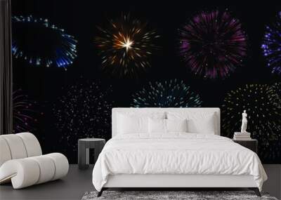 Colorful fireworks. Sparkling firework festive, holiday carnival firecracker explosion bang and abstract burst in night sky for congratulation card design. Realistic 3D vector illustration set Wall mural