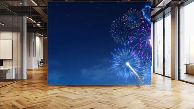 Fireworks bursts in starry night sky. Festival firework show, colorful bright banger and firecracker burst. Christmas celebration realistic vector background Wall mural