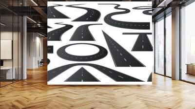 Race road to horizon. Asphalt roads, highway turn and curve long way. Vector includes white stripes and two yellow lines road markings Wall mural