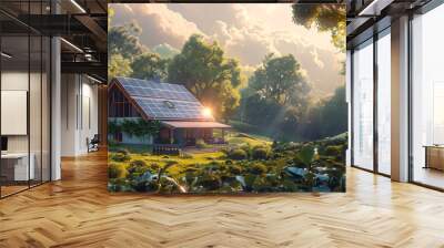 A solar-powered house in the middle of the forest with solar panels on the roof. Go green concept photo Wall mural