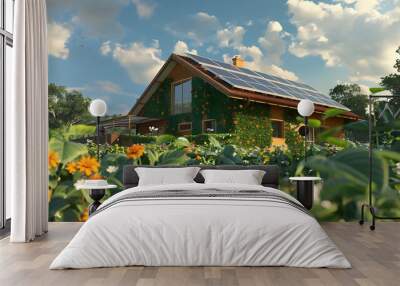 An Eco-friendly house with solar panels on the roof. Go green and Eco-friendly concept photo Wall mural