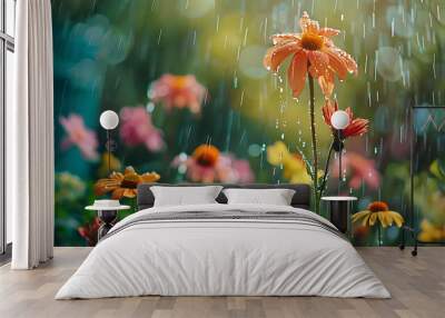 Rain on a flower garden  Wall mural