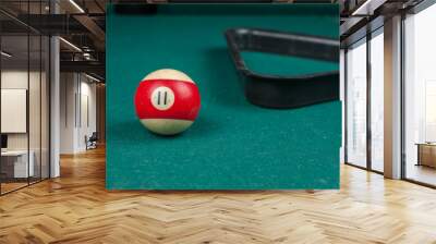 Billiards balls and cue on billiards table. Billiard sport concept. Wall mural