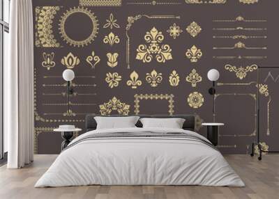 Vintage set of vector horizontal, square and round elements. Elements for backgrounds, frames and monograms. Classic patterns. Set of vintage btrown and golden patterns Wall mural