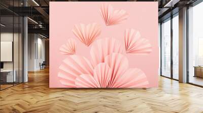 Beautiful Valentines day scene - pink ribbed paper hearts with flying heart on soft light pink, square. Lovely love mockup for presentation cosmetic product, goods, design, card, poster, flyer. Wall mural