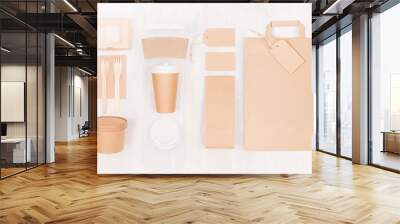 Concept design disposable brown paper pack for go food for restaurant, cafe, shop, advertising - bag, coffee cup, box for soup, sushi  on white wood board. Wall mural