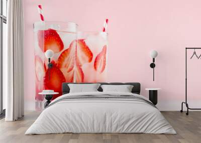 Detox mineral water with ripe strawberry, ice cubes and straw on white wood table and pink background. Wall mural