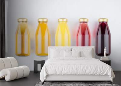 Large collection of summer fresh fruits juices in glass bottles with cap on white background, mock up for design, advertising, branding product. Wall mural