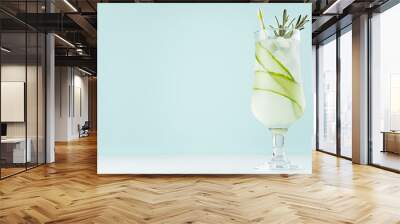 Summer fresh detox cucumber cocktail in wineglass with ice cubes, rosemary, straw on pastel mint color background, copy space. Wall mural