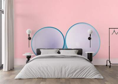 Youth interior with circle white abstract spheres with blue rim on white wood board and pastel pink background. Wall mural