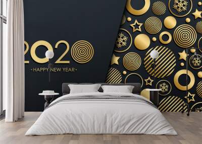 2020 New Year luxury holiday banner with gold christmas balls, stars and snowflakes. Vector illustration. Wall mural