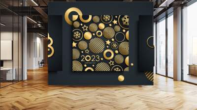 2023 Happy New Year luxury greeting cards set. New Year holiday greetings templates collection with hand drawn lettering and golden christmas balls. Black and gold. Vector illustration. Wall mural