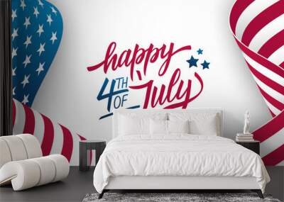 Happy 4th of July. United States Independence Day celebration banner with hand lettering and waving American national flag on white background. Vector illustration. Wall mural