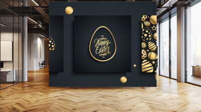 Happy Easter luxury greeting cards set. Easter holiday invitations templates collection with hand drawn lettering and gold easter eggs. Vector illustration. Wall mural