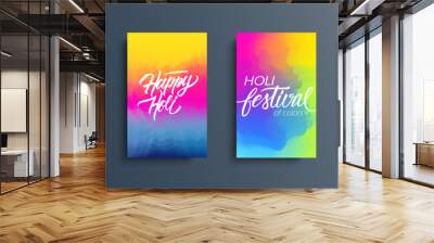 Happy Holi celebrate cards set. Abstract color gradient pattern backgrounds with hand lettering holiday greetings. Indian spring festival of colors collection. Vector illustration. Wall mural