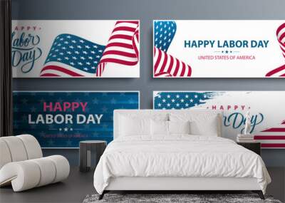 Happy Labor Day Set. United States Labor Day celebration banners with American national flag backgrounds. USA national holiday greetings. Vector illustration. Wall mural