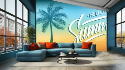 Hello Summer banner. Hand drawn lettering text design on blurred summer beach background. Vector illustration. Wall mural