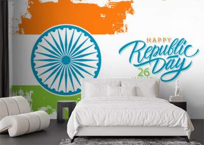 India Happy Republic Day, january 26 celebrate banner with hand drawn lettering holiday greetings and brush stroke in Indian national flag colors. Vector Illustration. Wall mural