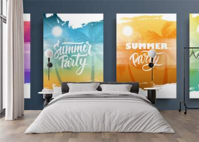 Summer Party Set. Summertime backgrounds with palm trees, summer sun, brush strokes and hand lettering. Vector illustration. Wall mural