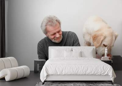 old man feed golden retriever and siamese cat at home Wall mural