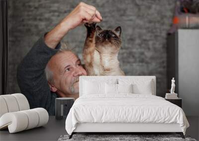 Old man plays with siamese cat in the kitchen Wall mural