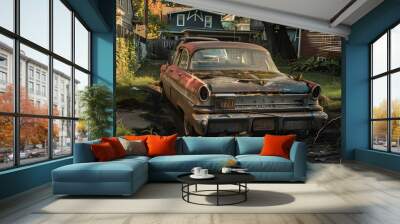 A classic sedan being dug out from a suburban backyard soil and grass. Wall mural