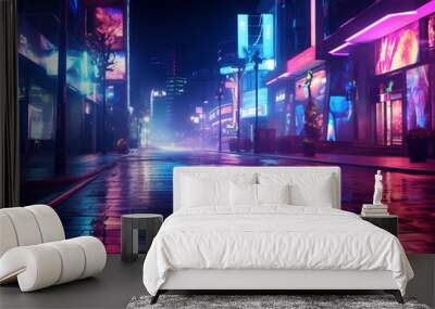 A shot of a neon lit street in a city Wall mural