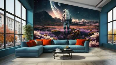 Astronaut standing on the field of flowers on another planet, generative AI Wall mural