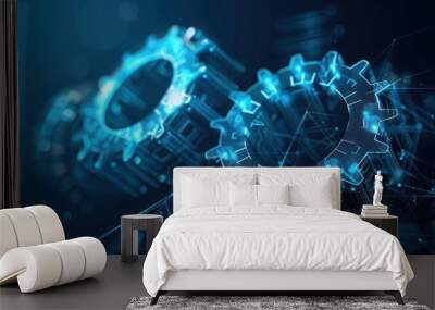 Two gears that are connected to each other and are surrounded by a web of lines. The gears are blue and appear to be part of a larger design. Scene is one of complexity and interconnectedness Wall mural