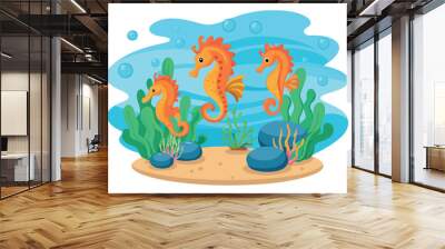 Three seahorses swimming gracefully in the ocean depths Wall mural