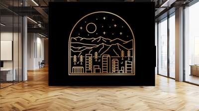 A view of a Colorado city under a mountain in mono line art ,badge patch pin graphic illustration, vector art t-shirt design Wall mural