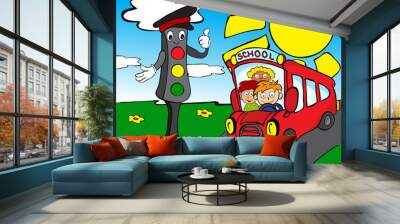 Traffic lights with school bus Wall mural