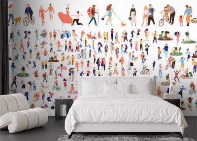 Crowd of flat illustrated people. Dancing, surfing, traveling, walking, working, playing people set. Vector big set Wall mural