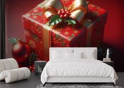 A 3D-rendered image of a gift wrapped in red paper with a gold bow and holly. There are two red ornaments. Wall mural