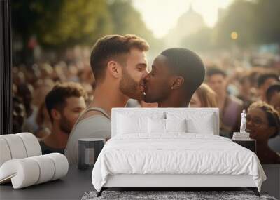 A couple kissing in a crowd on the street. A gay couple. A black man and a white man. It's summer. The couple is wearing summer clothes. Wall mural