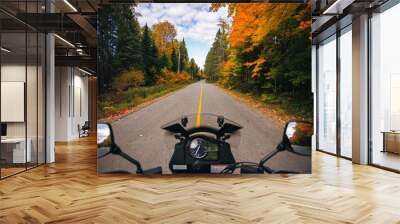 Driving Motorcycle on forest montait twisties road Wall mural