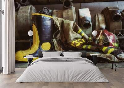 Firefighter boot helmet gear and hoses Wall mural