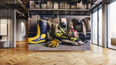 Firefighter boot helmet gear and hoses Wall mural