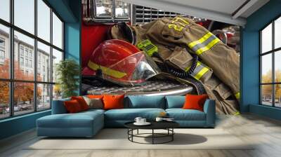 Firefighter protection clothes and fire truck Wall mural