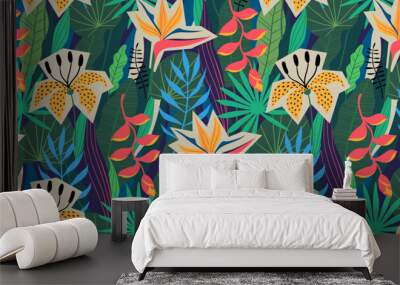 Abstract collage seamless pattern of tropical jungle leaves and flowers. Bright colourful vector design. Wall mural