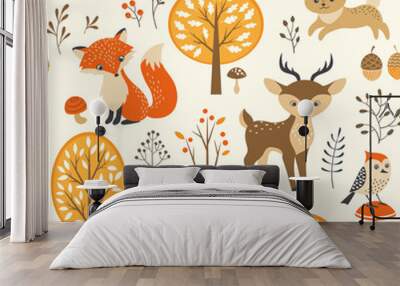 autumn forest seamless pattern with cute animals Wall mural