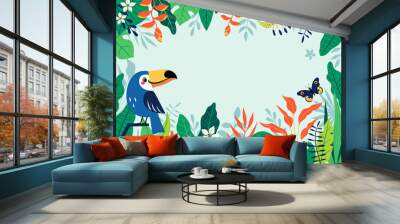 Bright colorful tropical background with cute toucan, butterfly, leaves, flowers and place for your text. Vector image is cropped with clipping mask. Wall mural