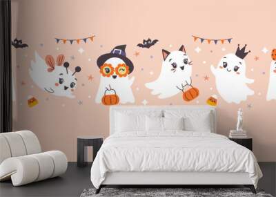 Seamless Halloween border of cute little girl ghosts on pink background in flat cartoon style. Wall mural