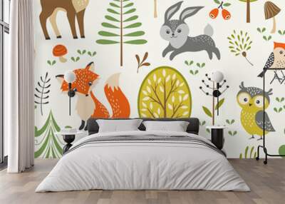 seamless summer forest pattern with cute woodland animals, trees, mushrooms and berries Wall mural