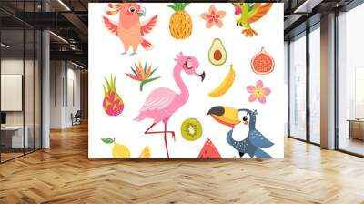 Set of cute cartoon tropical birds and fruit isolated on white background Wall mural