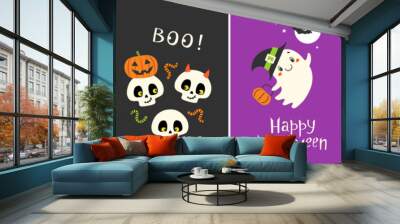 Vector set of Halloween prints perfect for trick or treat bags, posters, banners, invitations for children. Cute kids design with pumpkins, ghosts, skulls and bats.  Wall mural