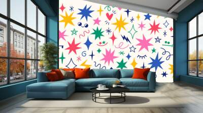 Vector set of hand drawn various colourful funny stars, sparks, wave shapes and comic creatures faces. Cute doodle design elements. Wall mural